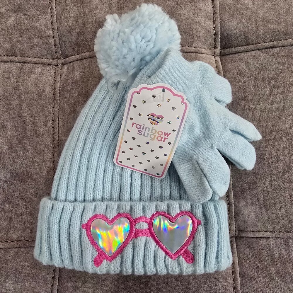 NWT Rainbow Sugar Girls Hat with Patches and Gloves, 2 Piece Set